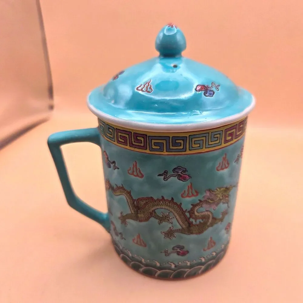 VTG Jingdezhen Chinese Porcelain Lidded Mug Turquoise Dragon Tea Cup